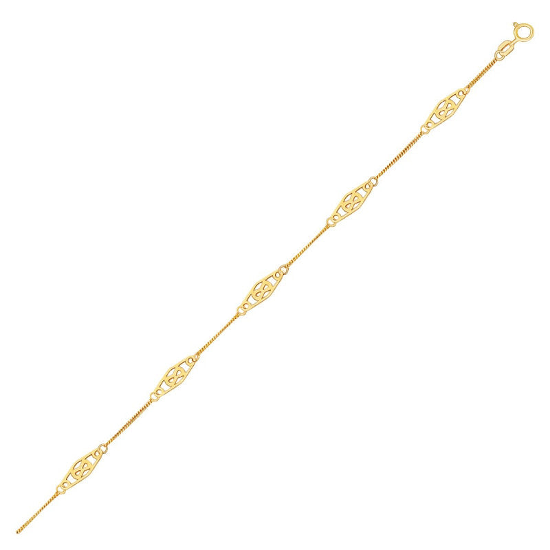 Diamond Shape Filigree Stationed Anklet in 14k Yellow Gold