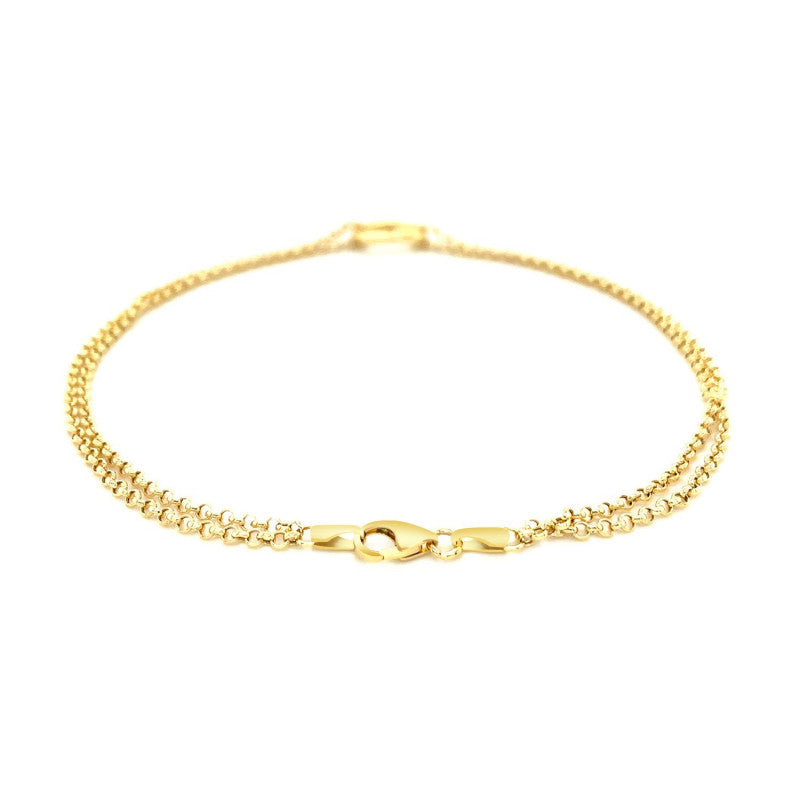 Open Heart Stationed Double Rolo Chain Anklet in 14k Yellow Gold