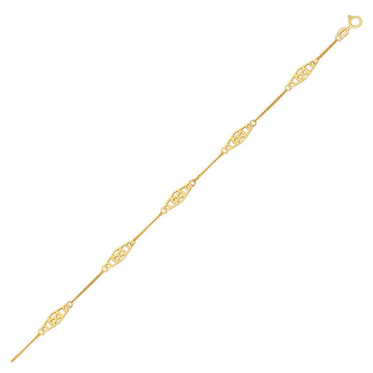 Diamond Shape Filigree Stationed Anklet in 14k Yellow Gold