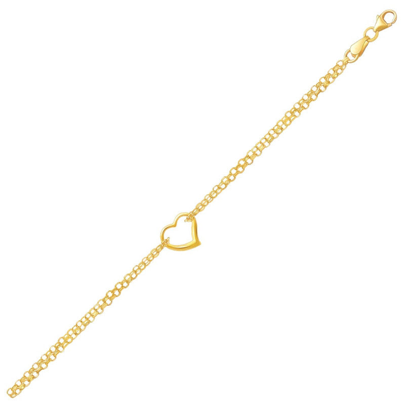 Open Heart Stationed Double Rolo Chain Anklet in 14k Yellow Gold