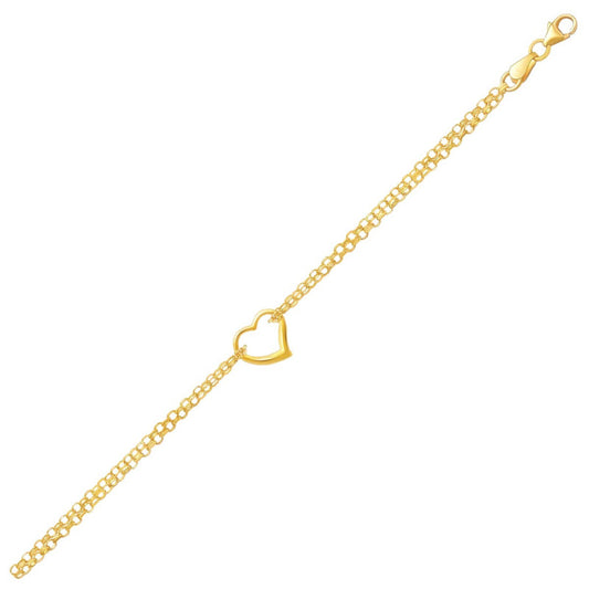 Open Heart Stationed Double Rolo Chain Anklet in 14k Yellow Gold