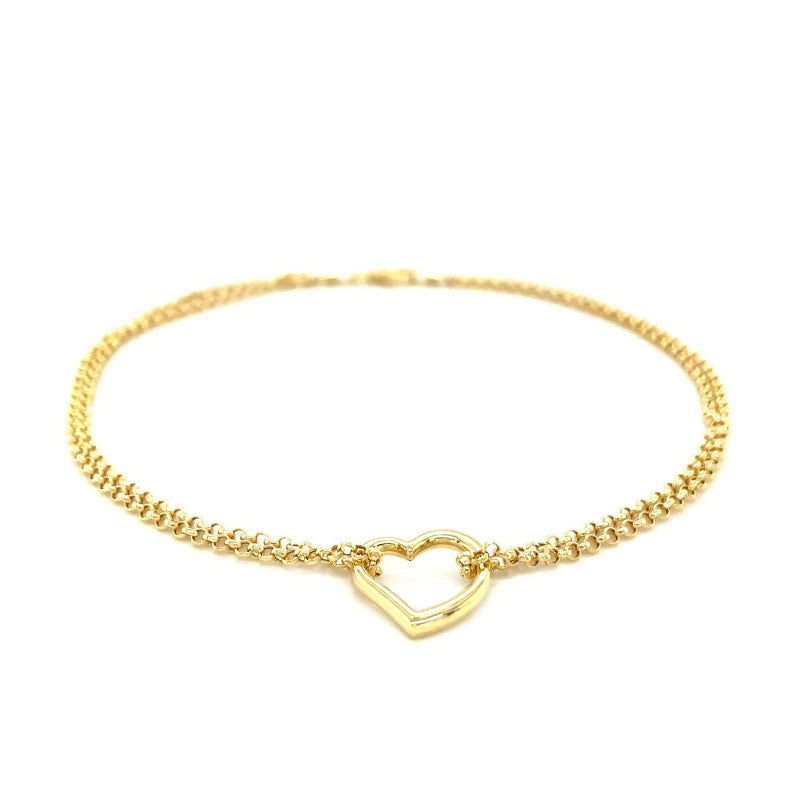 Open Heart Stationed Double Rolo Chain Anklet in 14k Yellow Gold