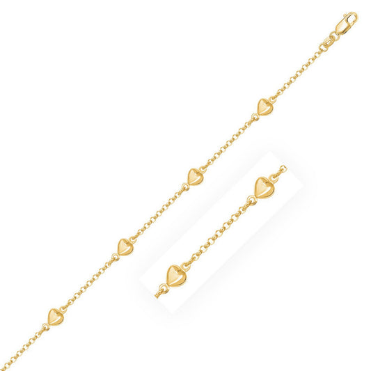 Puffed Heart Station Rolo Chain Bracelet in 14k Yellow Gold