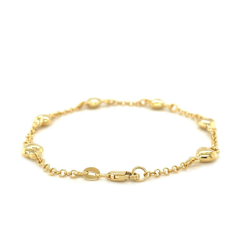 Puffed Heart Station Rolo Chain Bracelet in 14k Yellow Gold